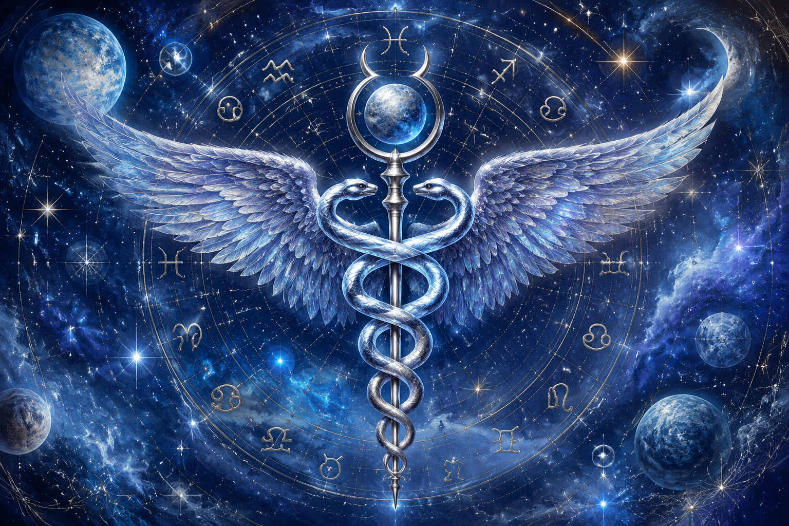 Caduceus Merkurego ze skrzydłami na tle kosmosu jako symbol Bliźniąt