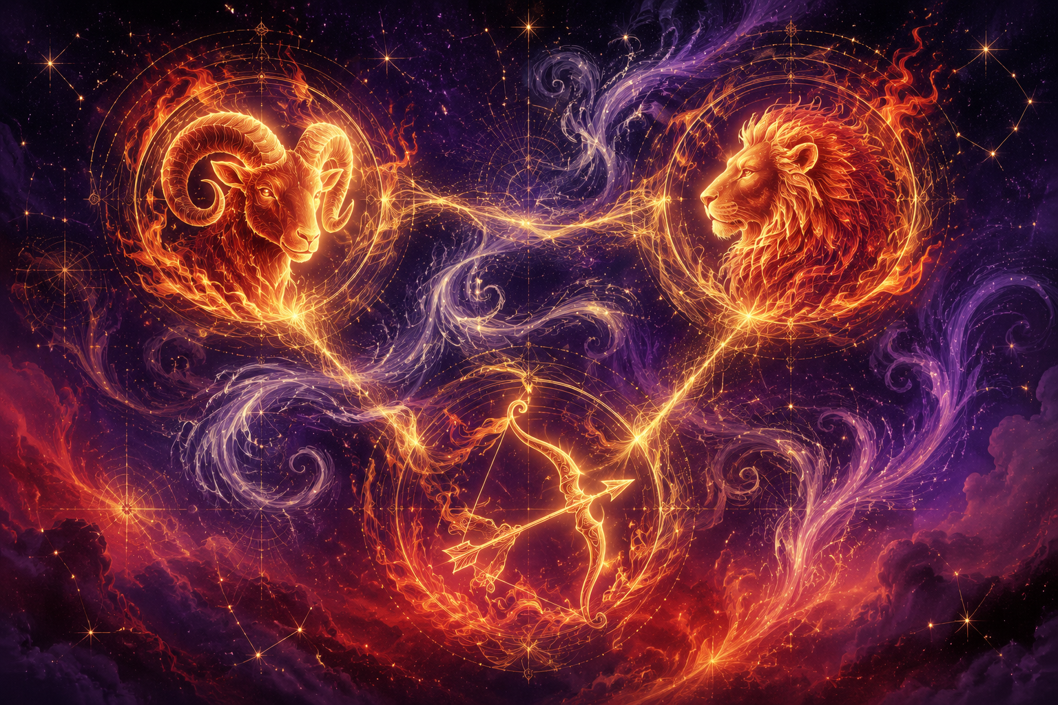 Symboliczne przedstawienie kompatybilności Barana z innymi znakami zodiaku — łączone żywioły ognia i powietrza
