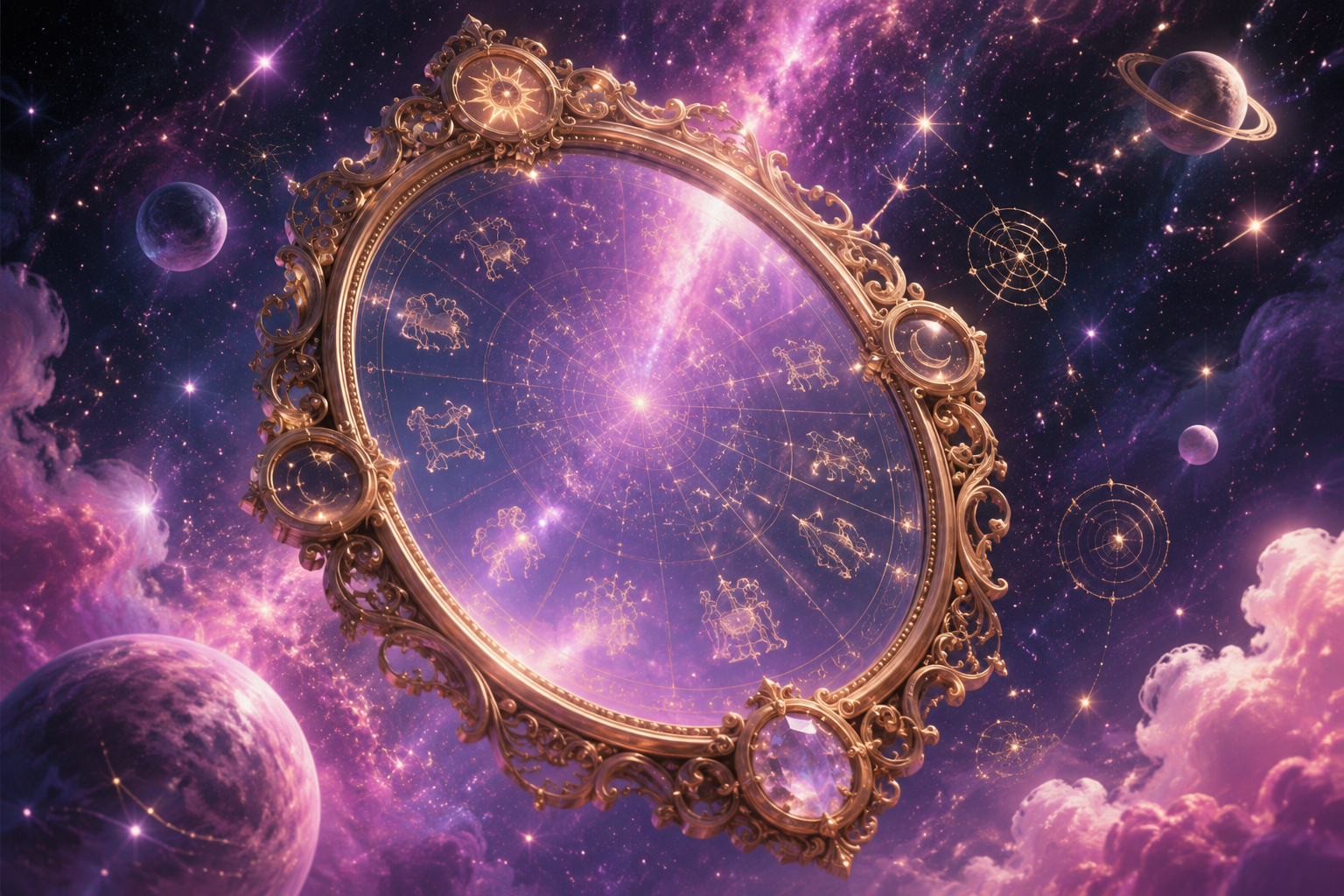 Ozdobne lustro unoszące się w kosmosie odbijające konstelacje zodiaku