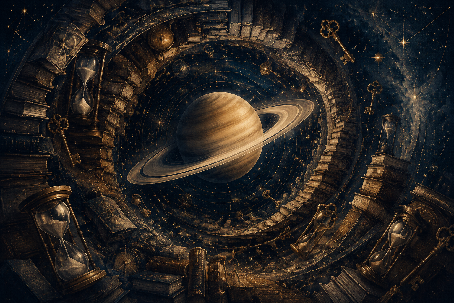 Symbol Saturna z pierscieniami w centrum spirali ze starych ksiag, klepsydry i klucza, atmosfera dyscypliny i czasu