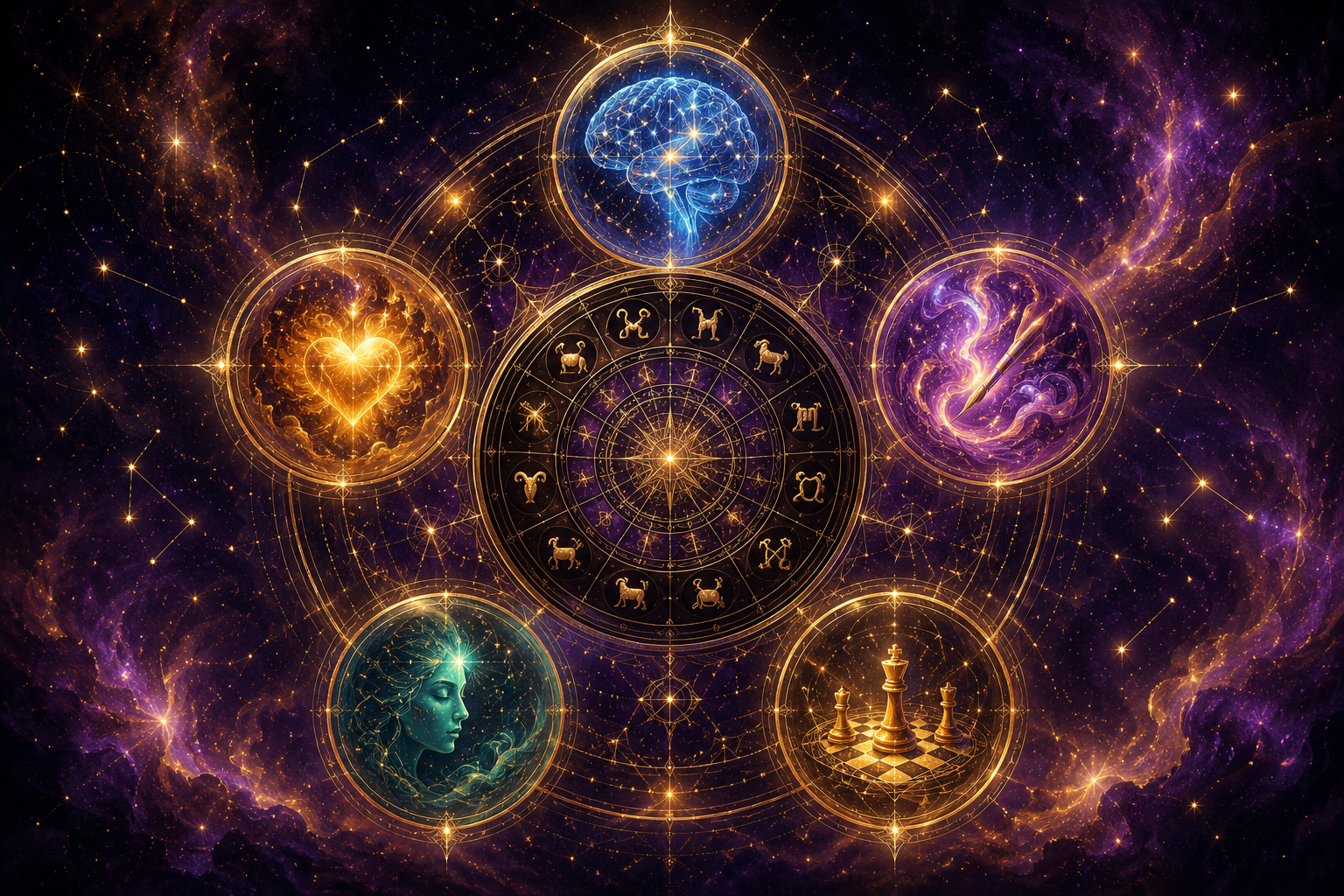 Pięć świecących sfer reprezentujących typy inteligencji wokół centralnego koła zodiaku