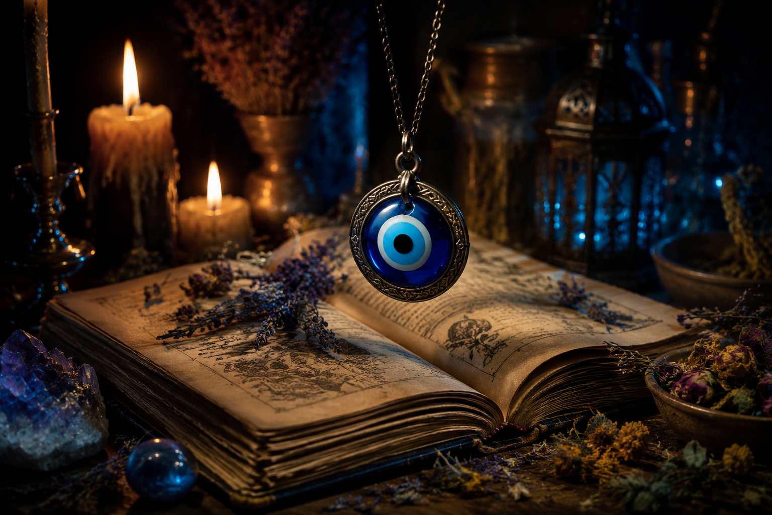 Amulet nazar zawieszony nad otwartym starożytnym grimuarem, w pobliżu rozsypane stare zioła
