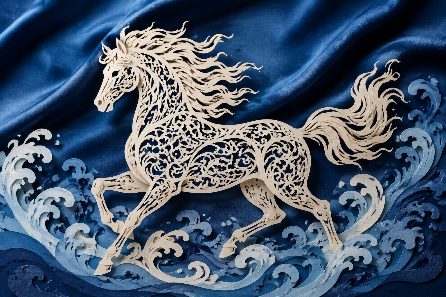 Sylwetka Konia w stylu paper-cut na niebieskim jedwabiu