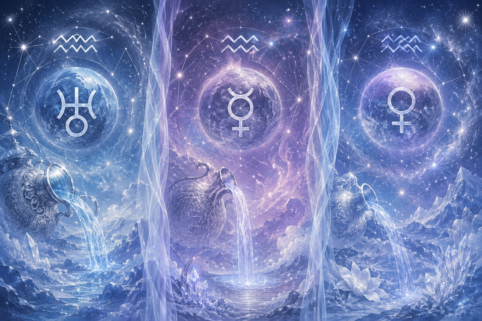 Astrologiczna grafika trzech dekad Wodnika z symbolami Urana, Merkurego i Wenus na zimowym tle z gwiezdnymi pyłami